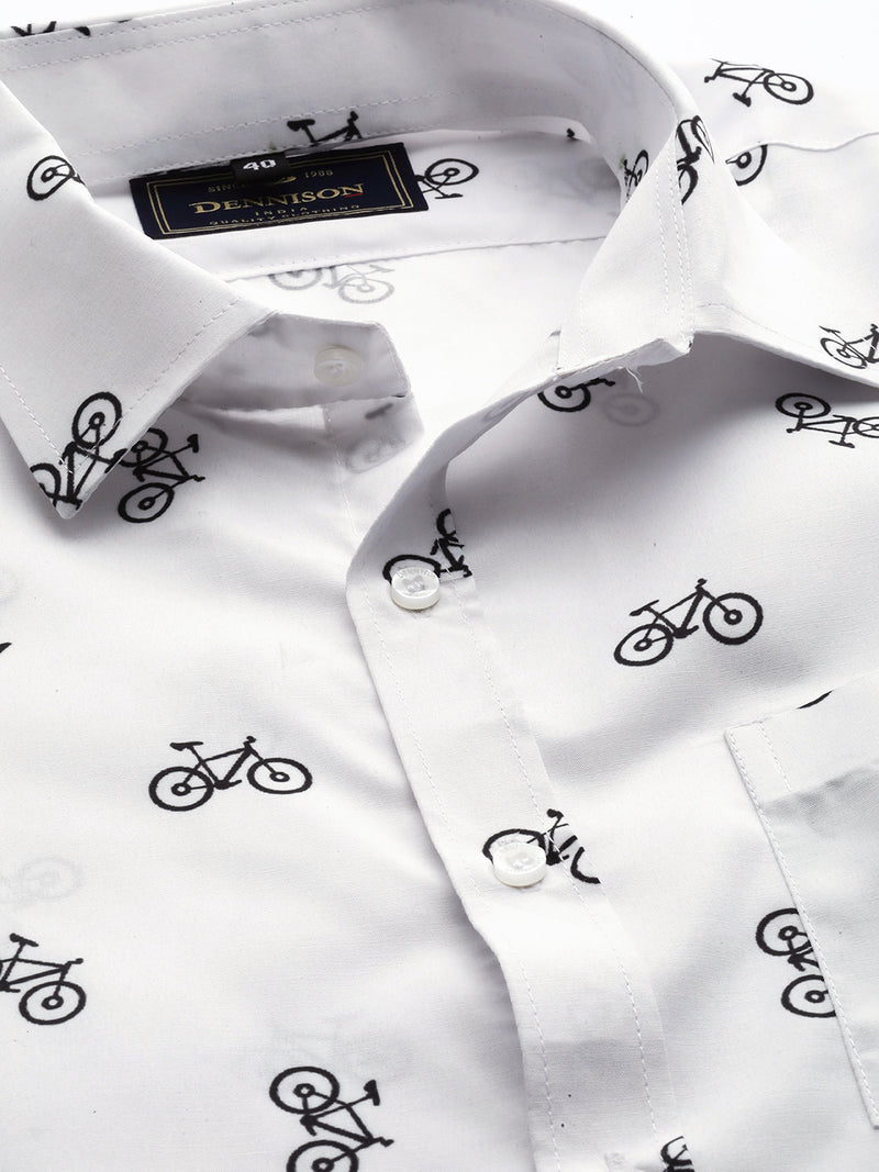 Men White Smart Slim Fit Conversational Printed Casual Shirt