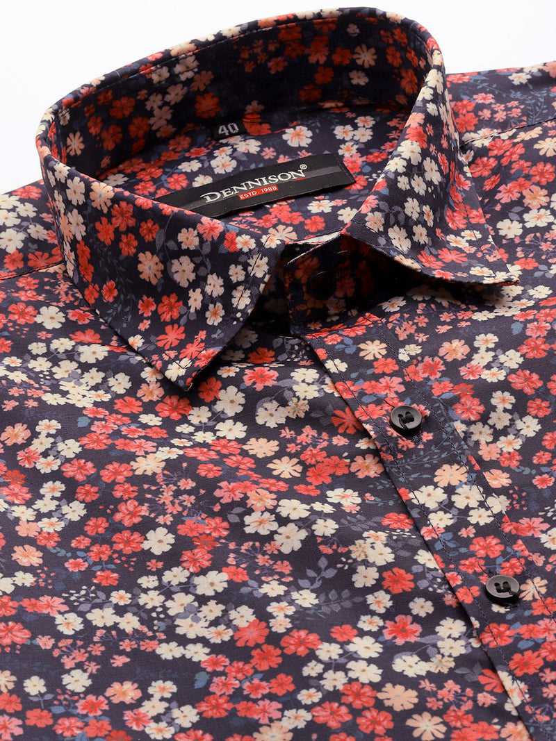 Men Navy Blue  Red Smart Slim Fit Floral Printed Formal Shirt
