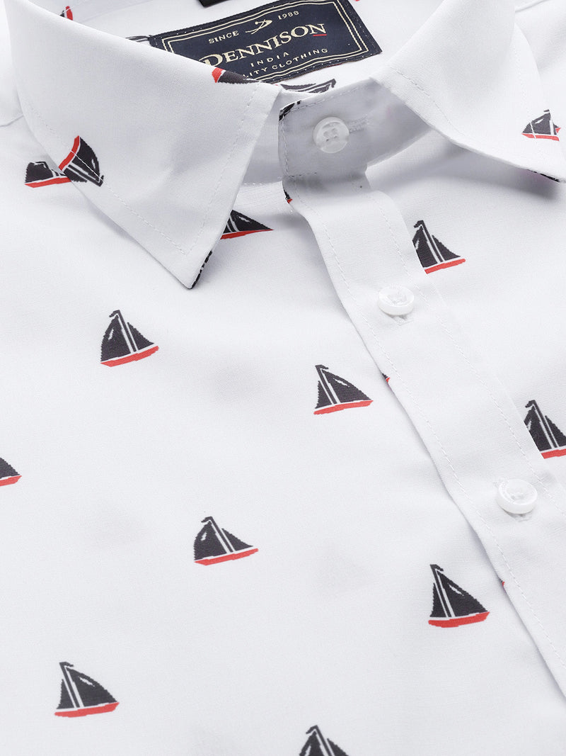 Men White Smart Slim Fit Conversational Printed Formal Shirt
