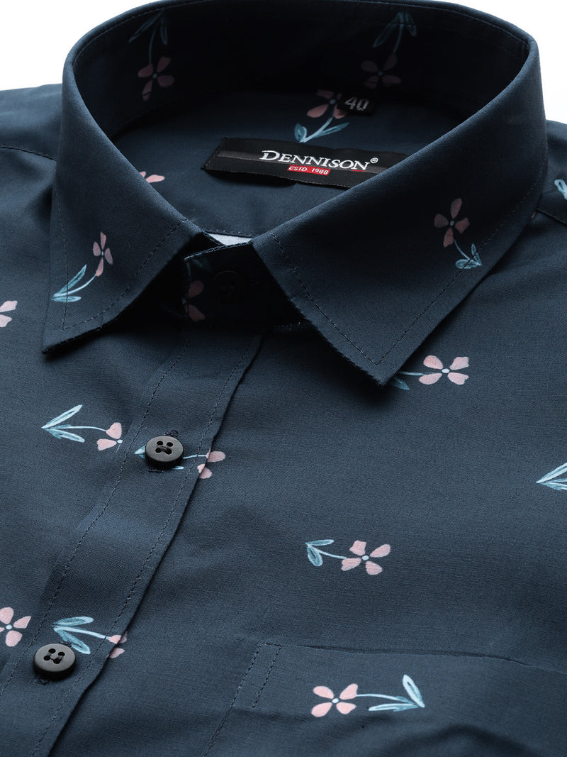 Men Navy Blue Smart Slim Fit Floral Printed Formal Shirt