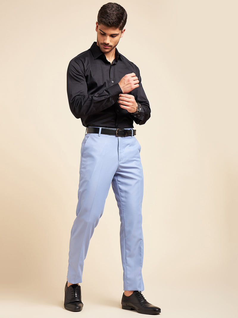 DENNISON Sky Blue Men Flat-Front Mid-Rise Formal Trousers
