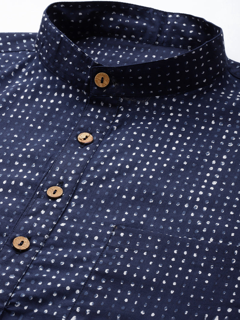 DENNISON Men Navy Blue & White Block Printed Kurta