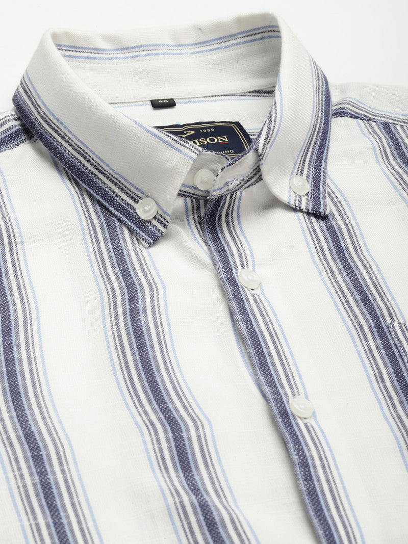 White: Full Sleeve Button-Down Collar Striped Shirt