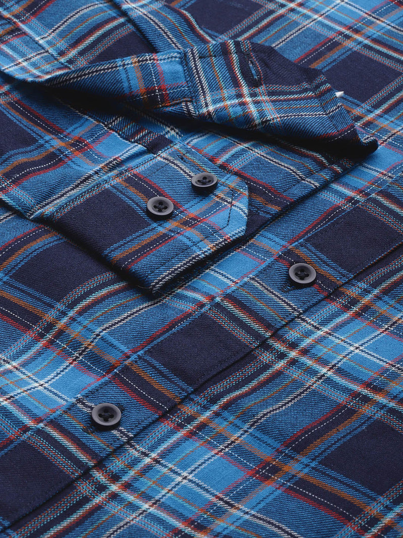 Men Navy Blue Smart Slim Fit Pure Cotton Opaque Checked Casual Shirt