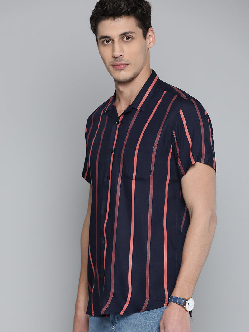Men Navy Blue Smart Slim Fit Vertical Stripes Opaque Casual Shirt with Pocket