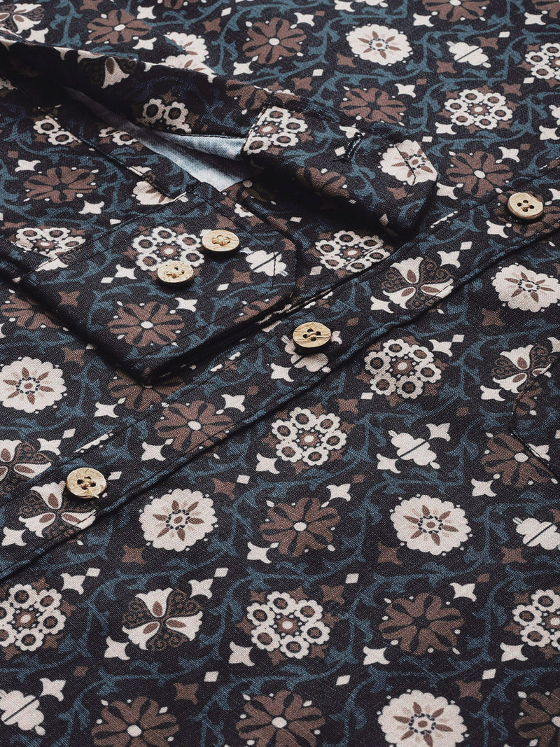 Men Blue  Brown Smart Slim Fit Printed Casual Shirt