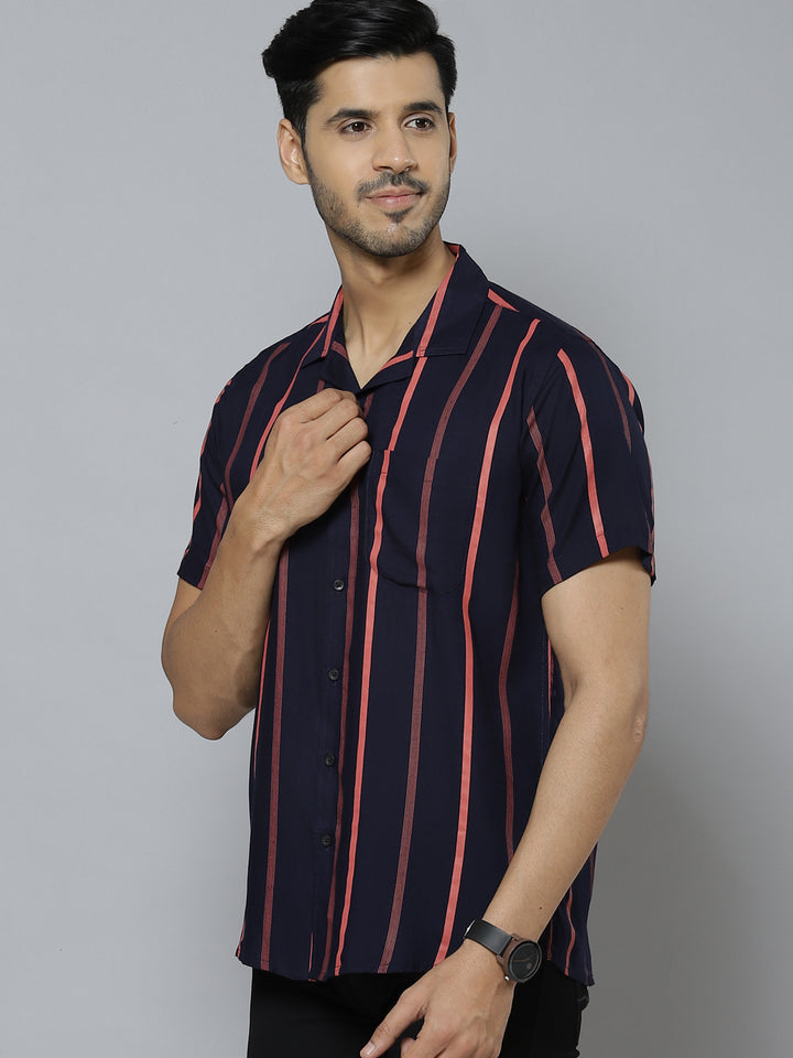 Men Navy Blue  Red Smart Slim Fit Striped Cotton Casual Shirt