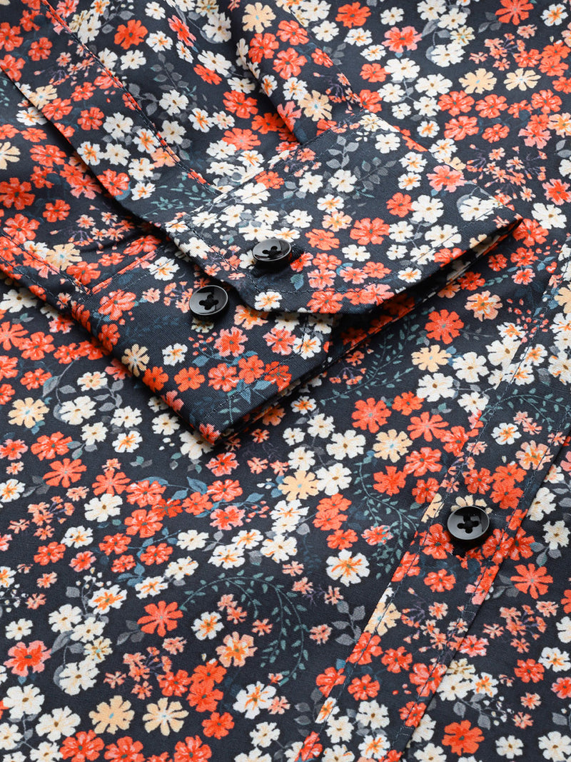 Men Navy Blue Smart Slim Fit Floral Printed Formal Shirt
