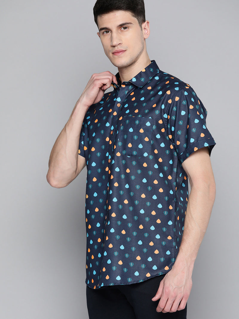 Men Navy Blue Comfort Fit Printed Casual Shirt