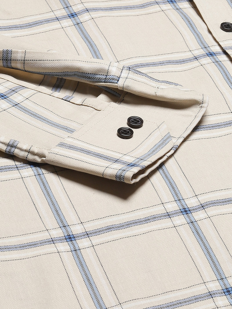 Men Cream-Coloured Smart Slim Fit Checked Formal Shirt