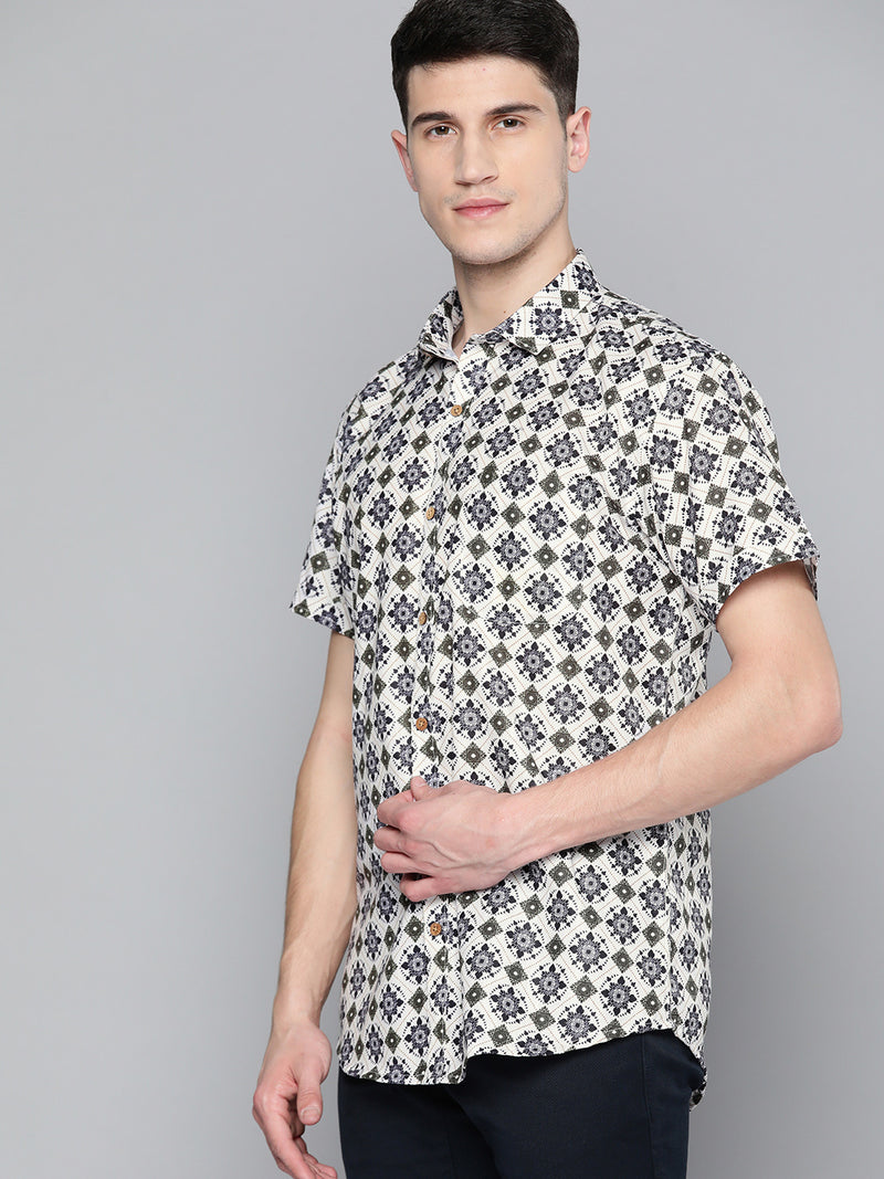 DENNISON Men White & Black Block Printed Shirt