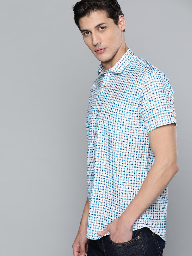 Men White & Blue Block Printed Shirt