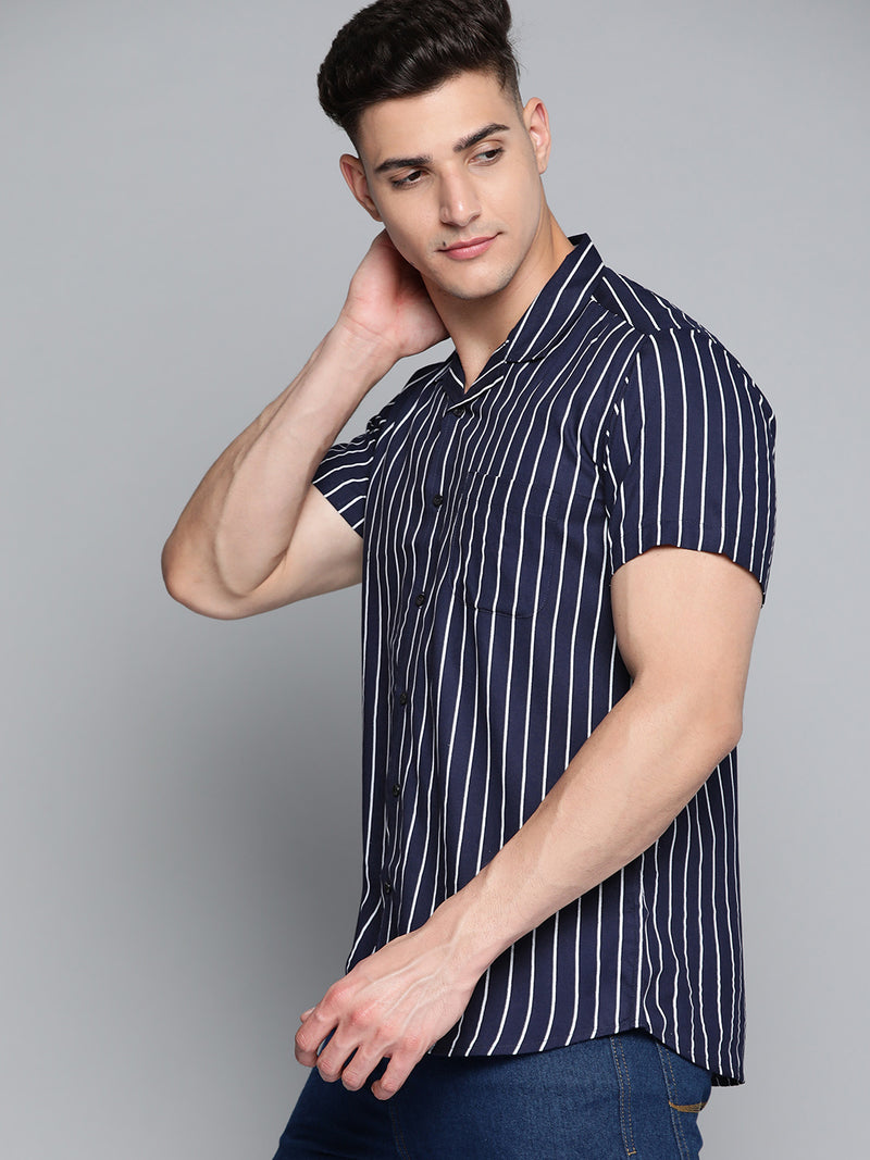 Men Navy Blue Striped Smart Slim Fit Casual Shirt