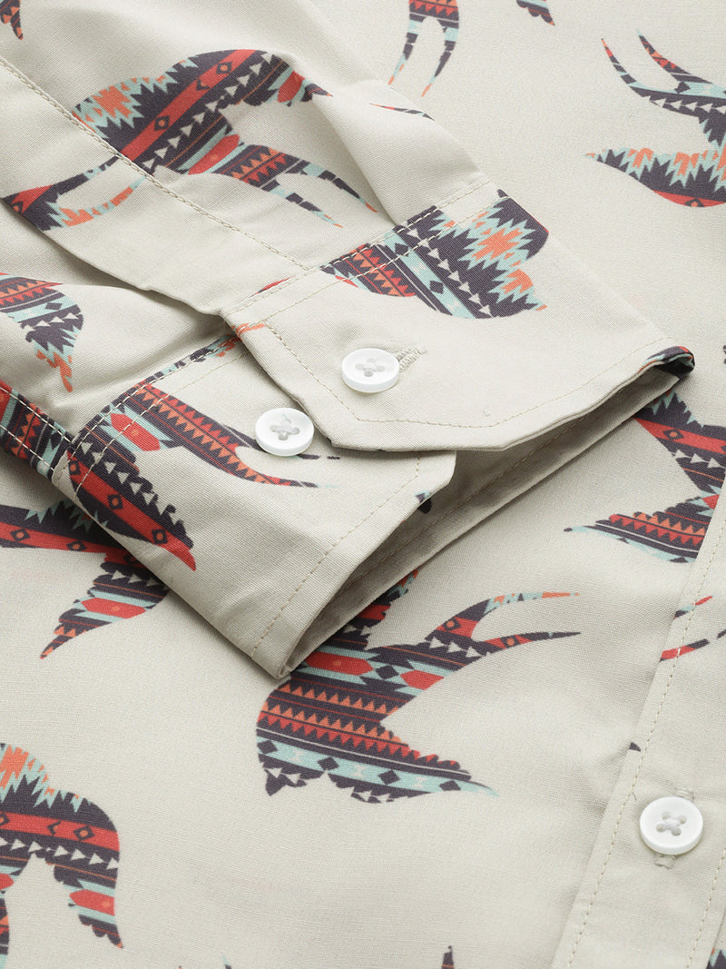 Men Cream-Coloured  Navy Blue Smart Slim Fit Printed Formal Shirt