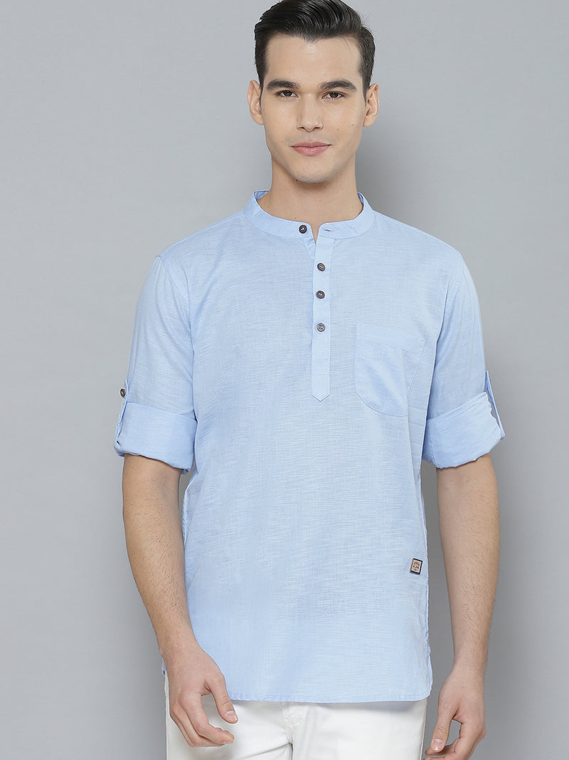 Dennison men's light blue linen kurta front view