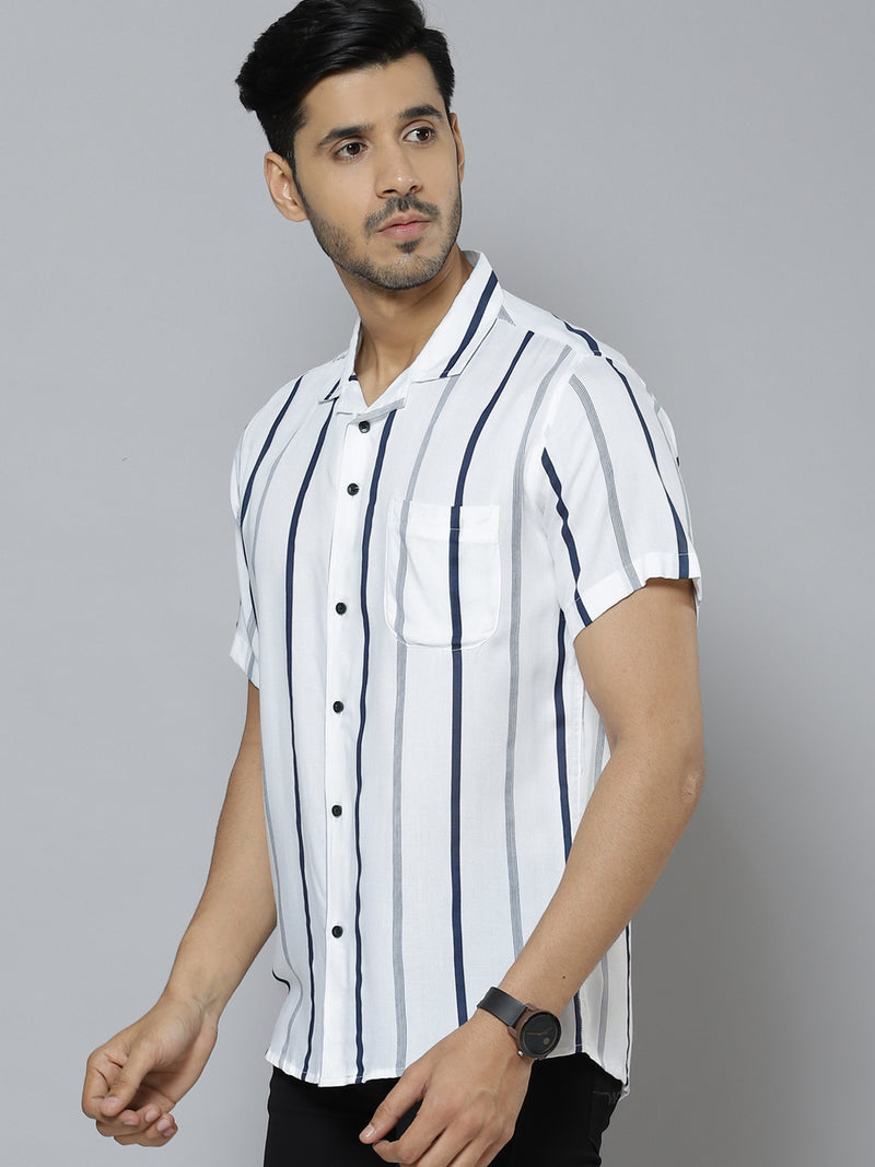 Men White  Black Smart Slim Fit Striped Cotton Casual Shirt