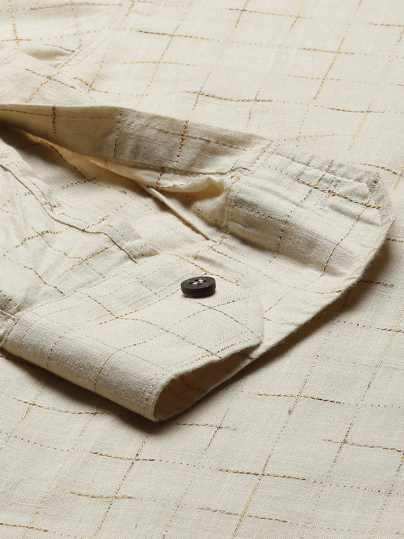 Men Cream-Coloured Patterned Comfort Slim Fit Cotton Kurta
