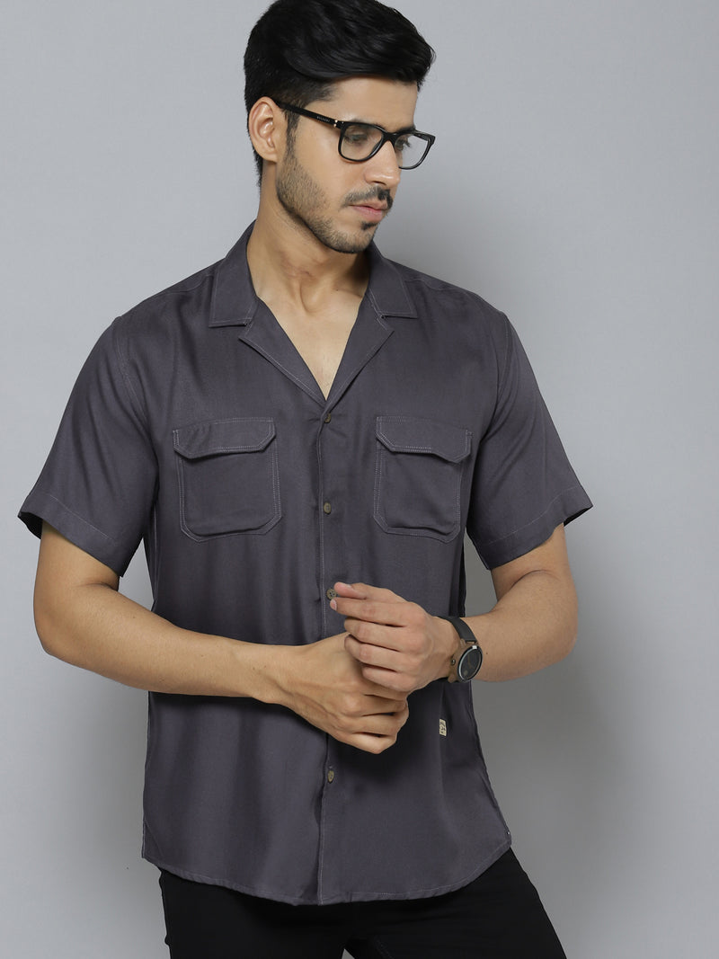 Men Charcoal Grey Solid Cuban Collar Smart Regular Fit Casual Shirt