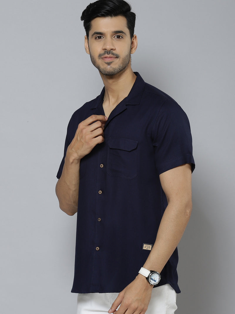 Men Navy Blue Solid Twill Weave Smart Casual Shirt