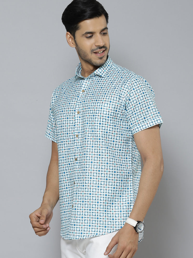 Men White & Blue Block Printed Shirt