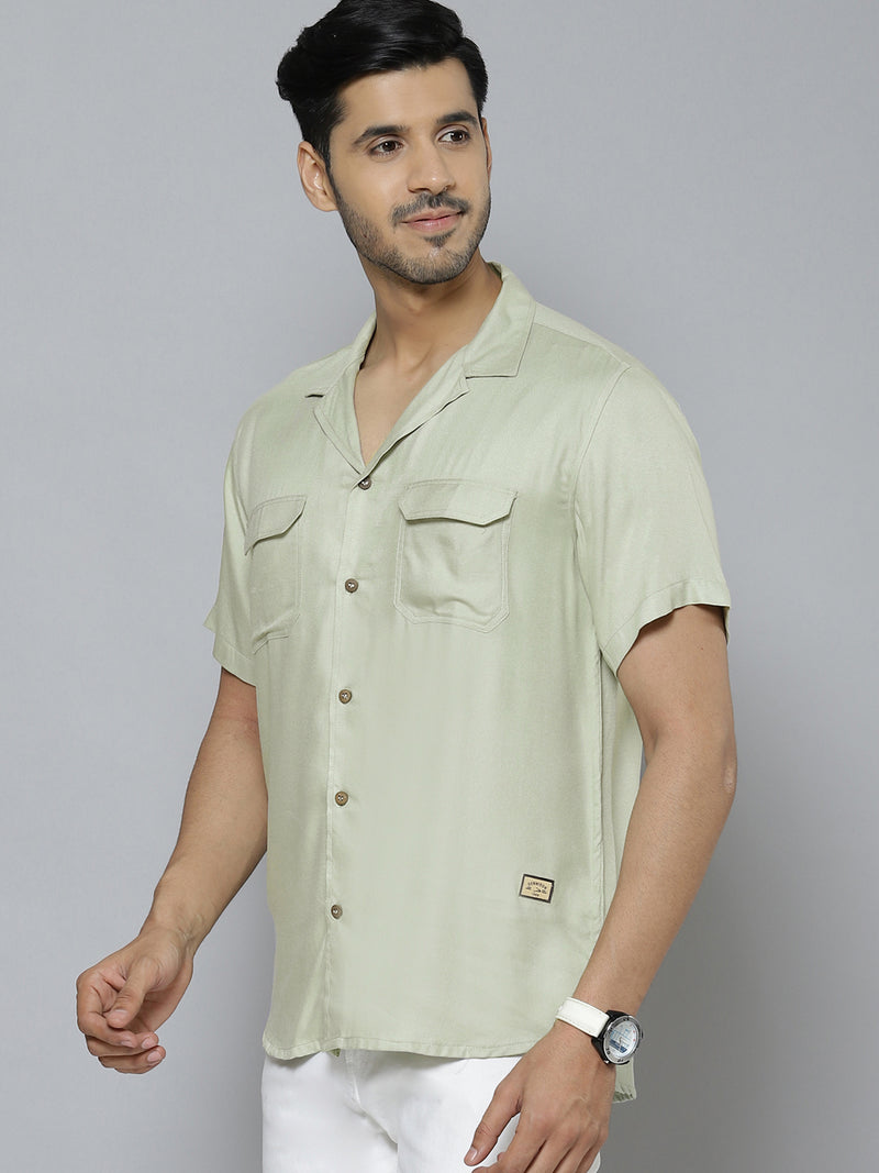 Men Olive Green Solid Smart Casual Shirt