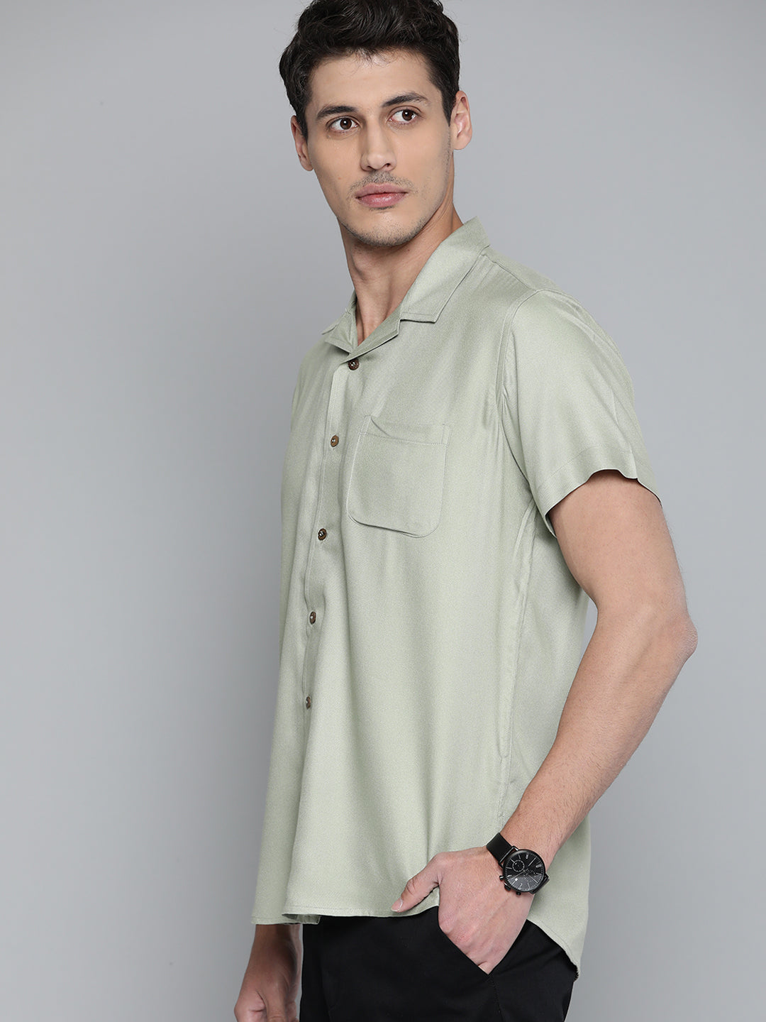 Men Olive Green Cotton Twill Slim Fit Casual Shirt