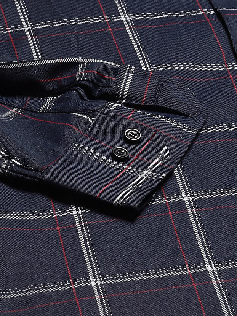 Men Navy Blue Smart Slim Fit Checked Formal Shirt