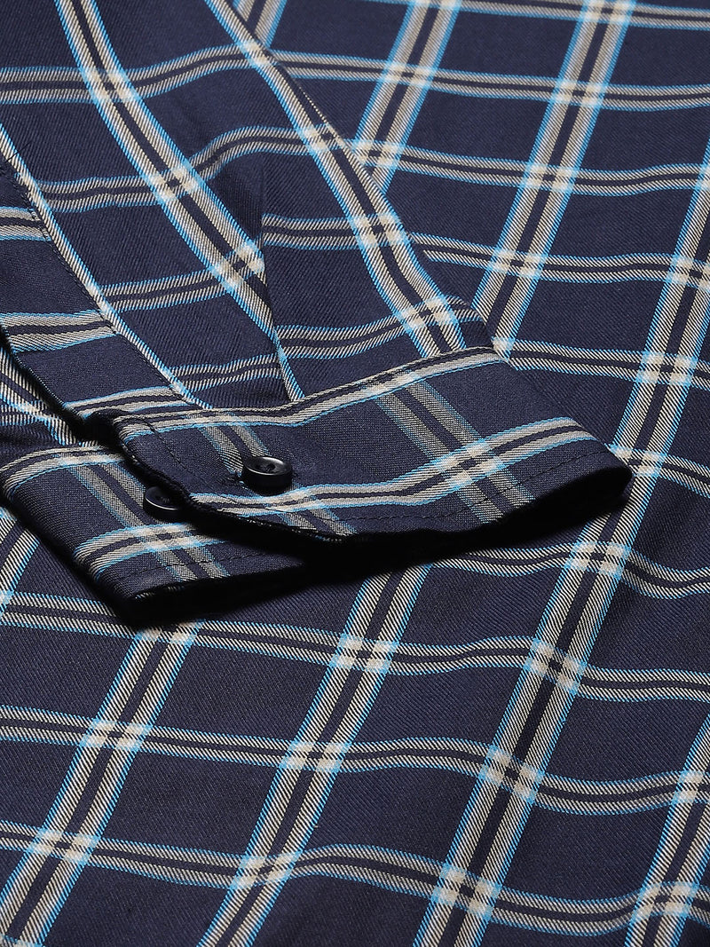 Men Navy Blue Smart Slim Fit Opaque Checked Formal Shirt