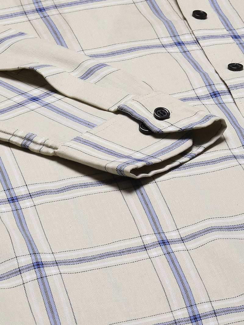 Men Cream-Coloured  Blue Smart Slim Fit Checked Formal Shirt