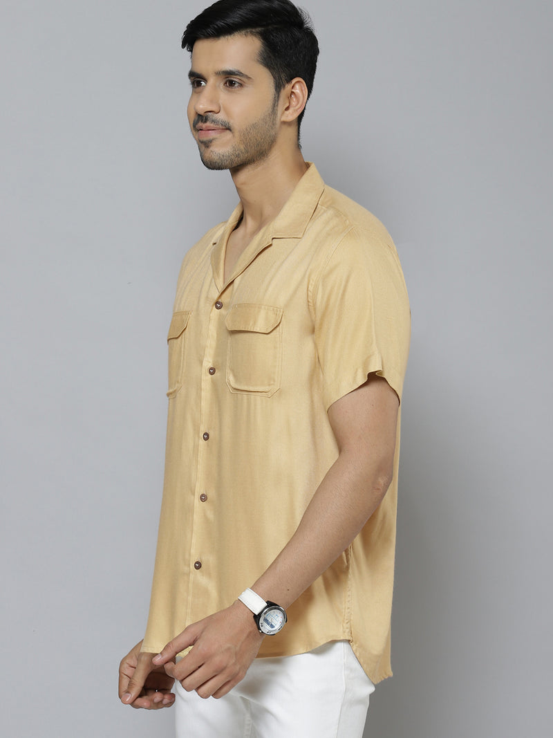 Men Beige Solid Cuban Collar Smart Regular Fit Casual Shirt