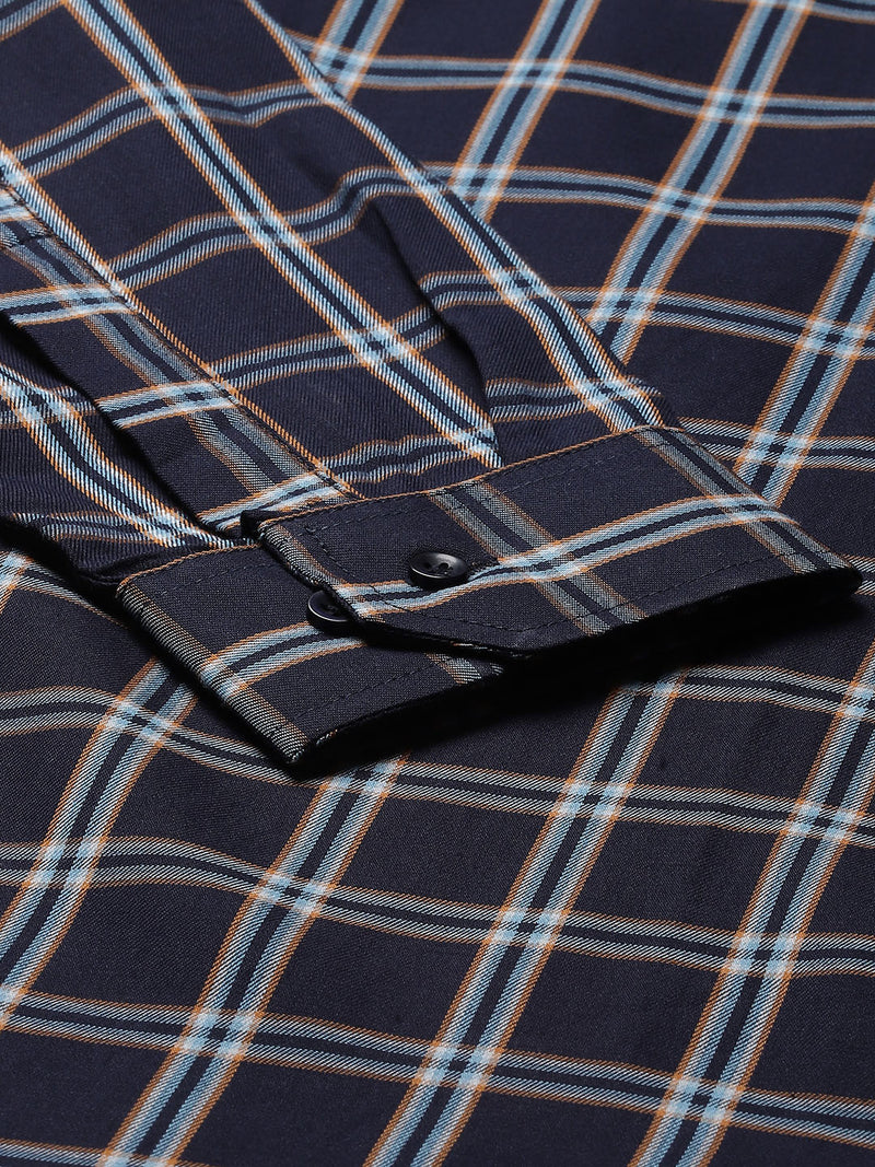 Men Navy Blue Smart Slim Fit Opaque Checked Formal Shirt