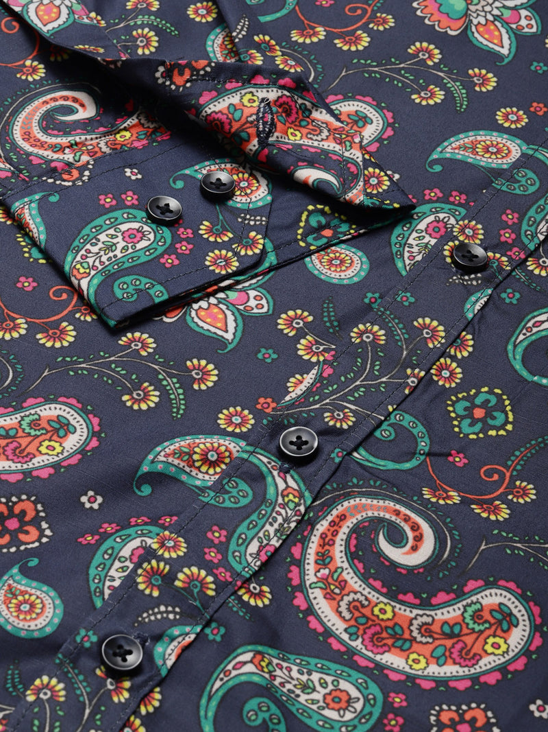 Men Navy Blue Smart Slim Fit Printed Formal Shirt