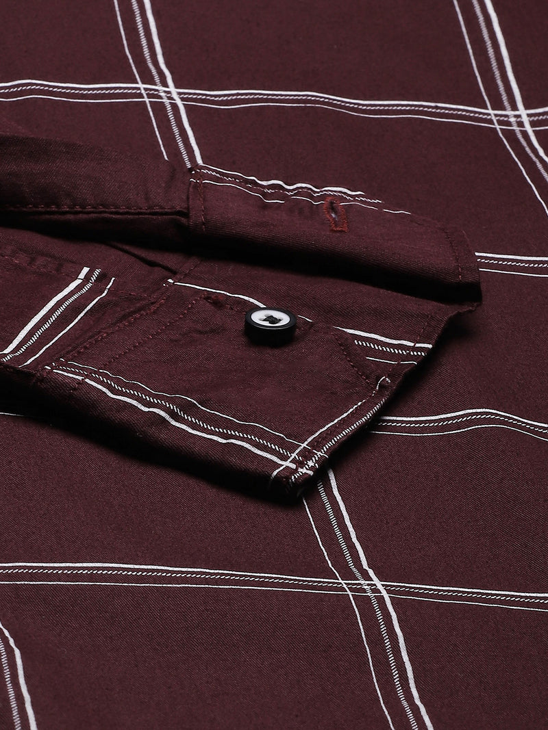 Men Burgundy  White Windowpane Checks Smart Slim Fit Opaque Casual Shirt