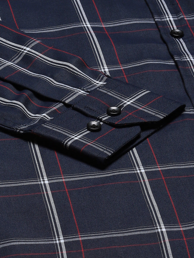 Men Navy Blue  White Smart Slim Fit Checked Formal Shirt