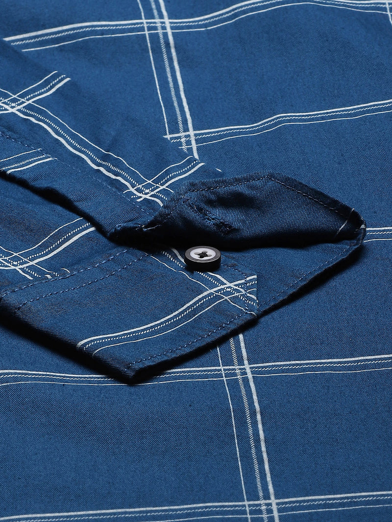 Men Blue Smart Slim Fit Windowpane Checks Opaque Checked Casual Shirt