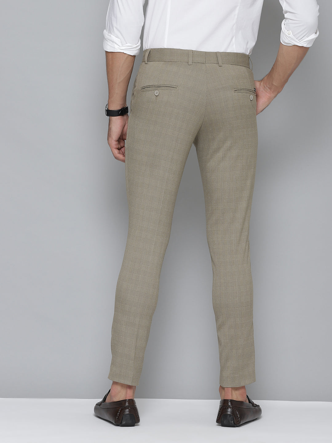 Men Beige Smart Tapered Fit Checked Cropped Trousers