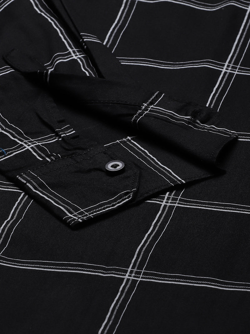 Men Black  White Windowpane Checks Smart Slim Fit Opaque Casual Shirt