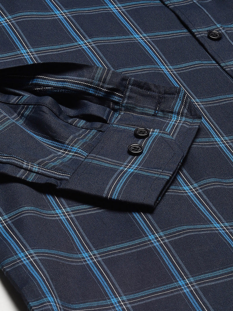 Men Navy Blue Smart Slim Fit Checked Formal Shirt