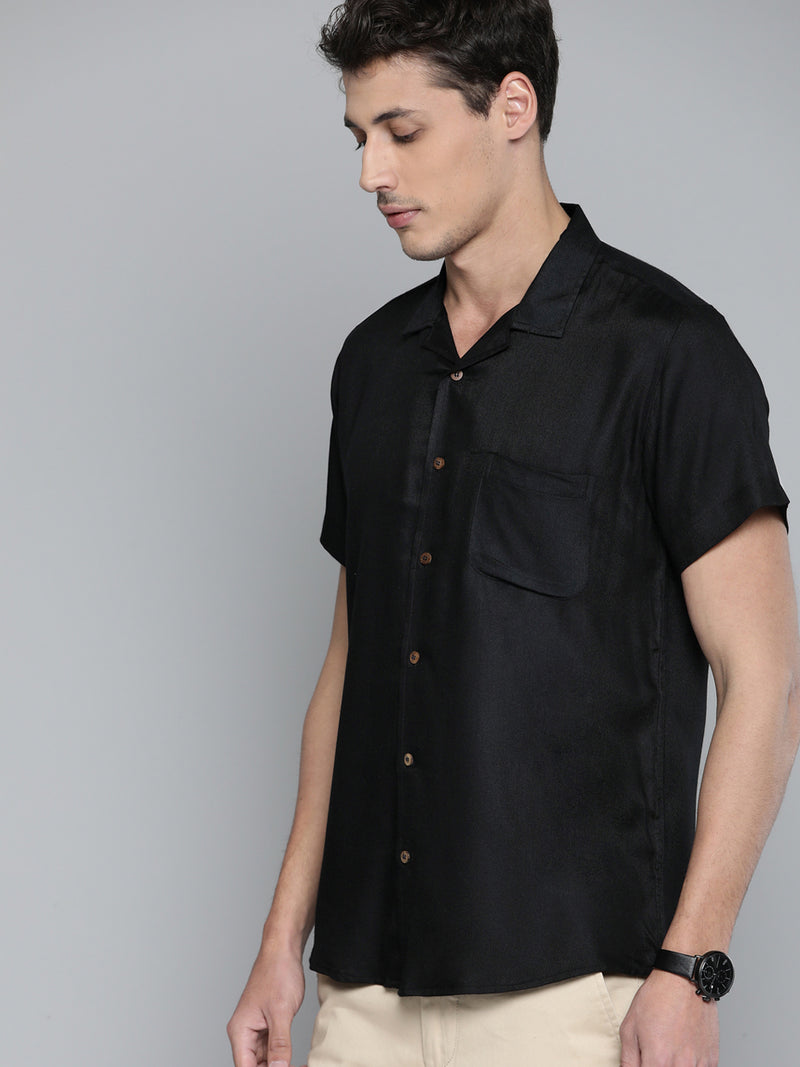 Men Black Cotton Twill Weave Slim Fit Casual Shirt