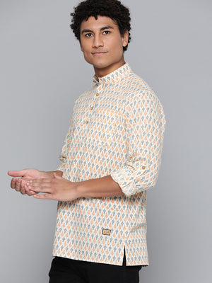 Dennison men's white and orange block printed kurta front view