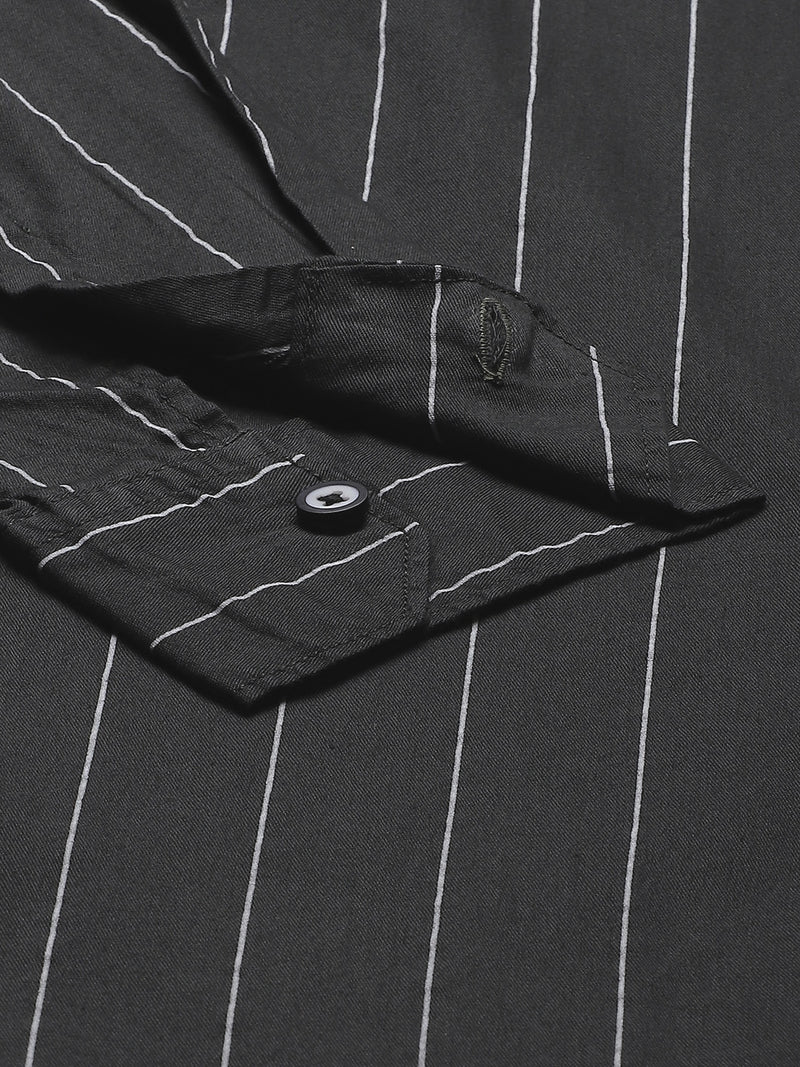 Men Olive Green Smart Slim Fit Pinstripes Opaque Striped Casual Shirt