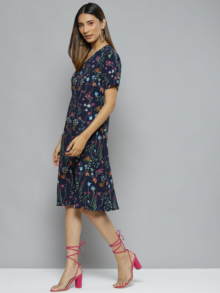 Navy Blue  Pink Floral Crepe Dress