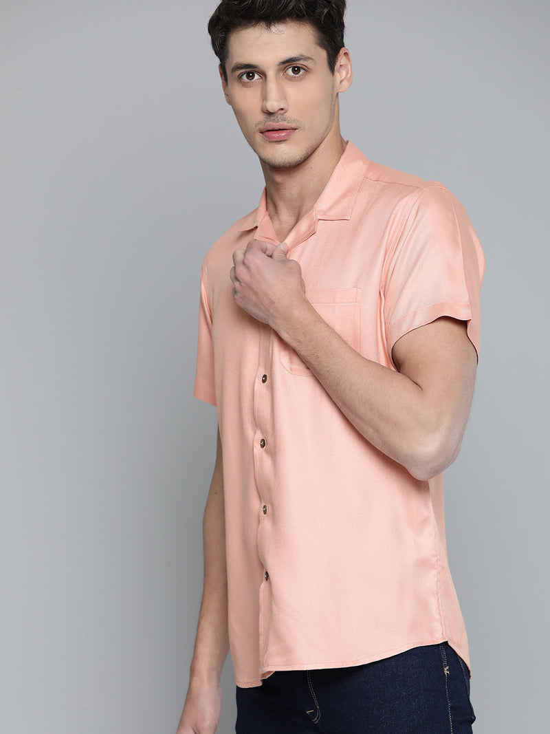 Men Peach-Coloured Twill Weave Cotton Slim Fit Casual Shirt