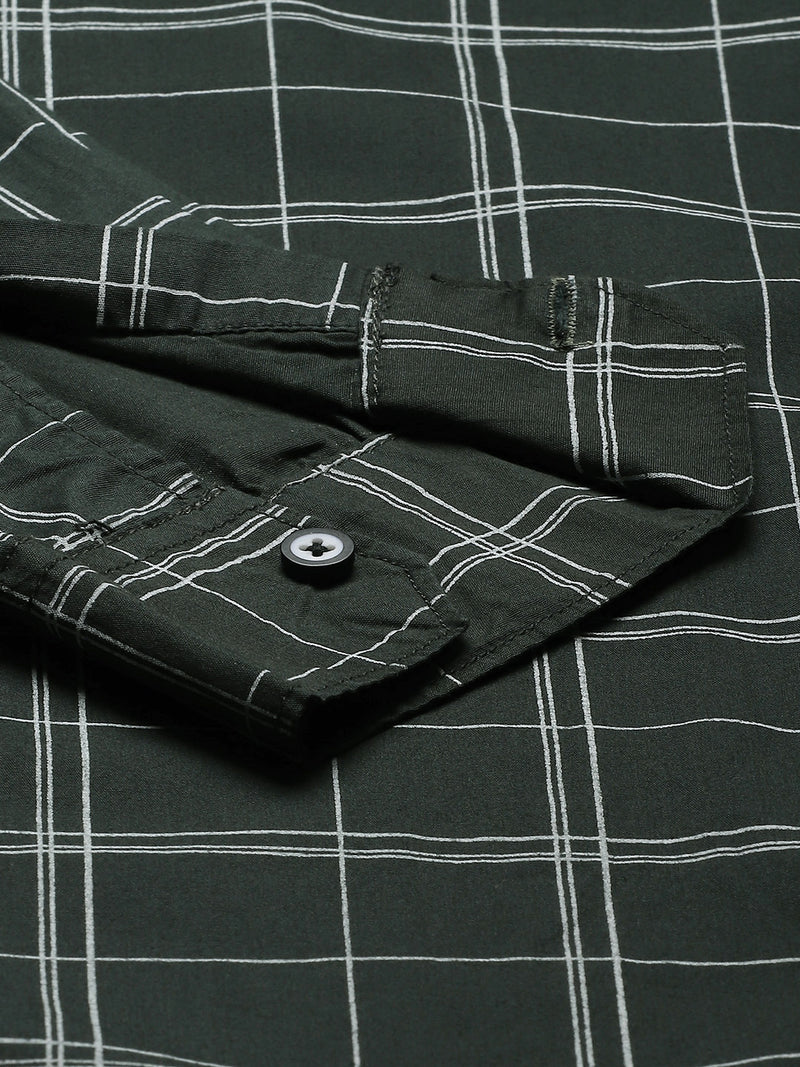 Men Green  White Checked Smart Slim Fit Opaque Casual Shirt