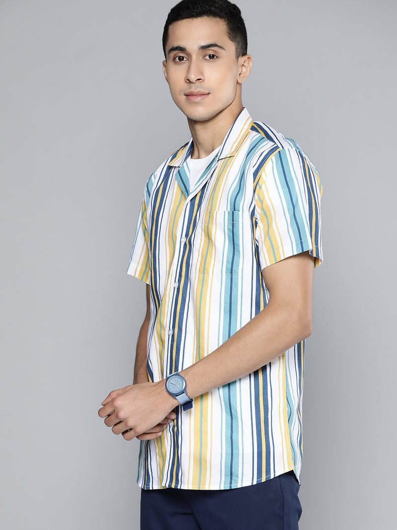 Men Blue  Yellow Smart Multi Striped Casual Shirt