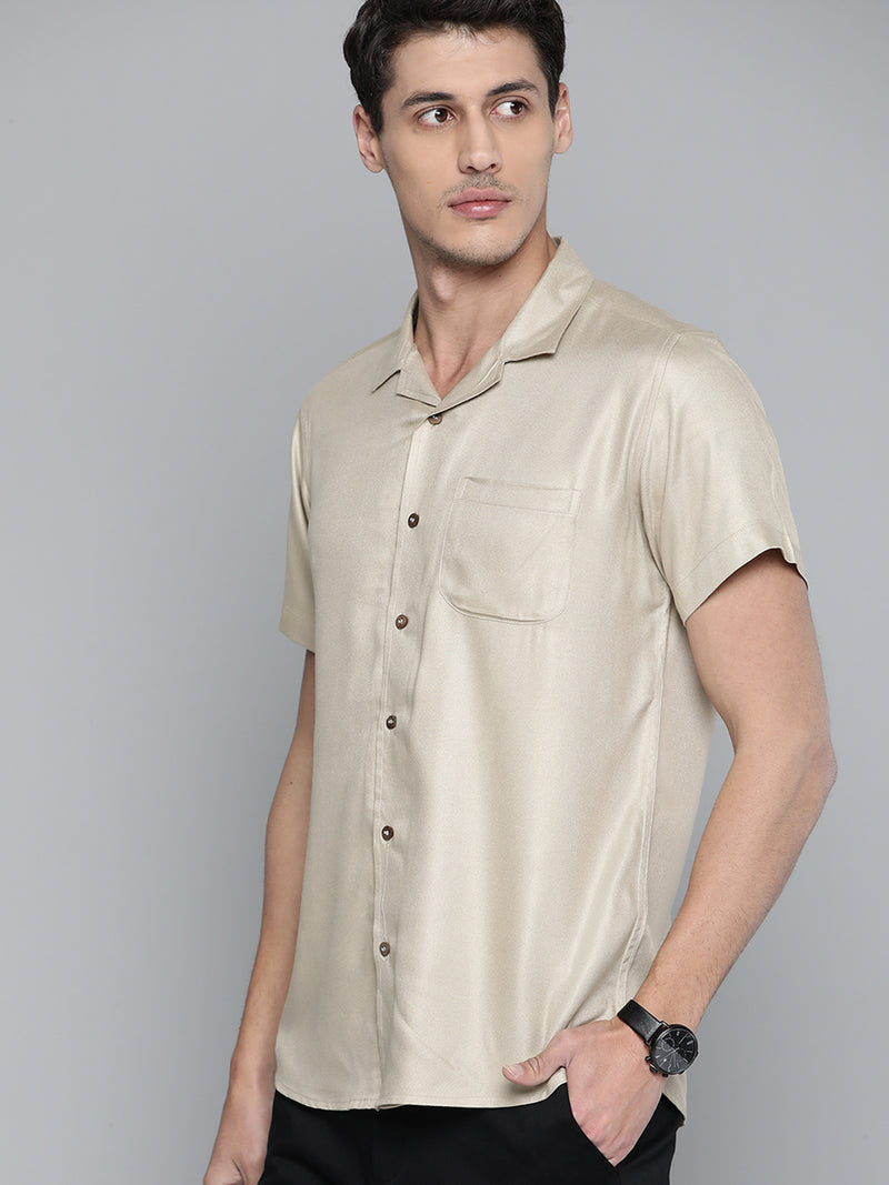 Men Beige Cotton Twill Slim Fit Casual Shirt