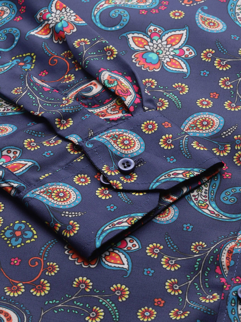 Men Navy Blue Smart Slim Fit Paisley Printed Formal Shirt