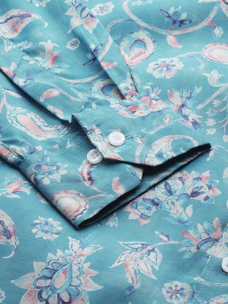 Men Turquoise Blue Smart Slim Fit Floral Printed Formal Shirt