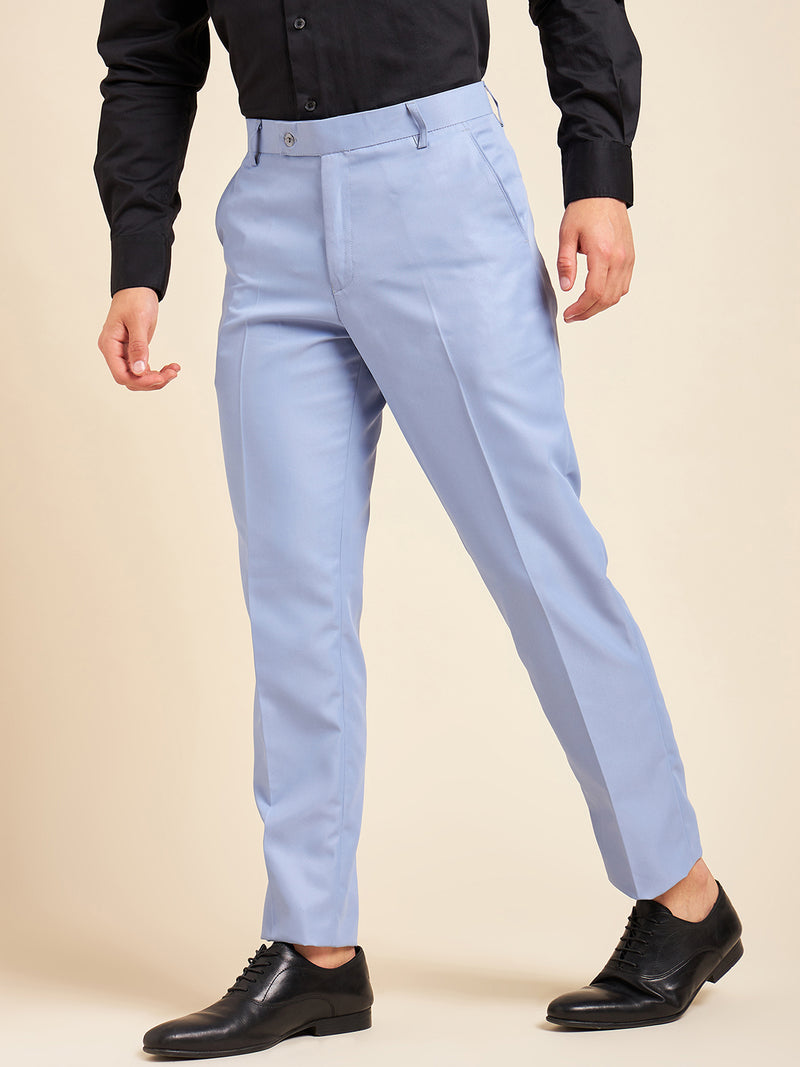 DENNISON Sky Blue Men Flat-Front Mid-Rise Formal Trousers