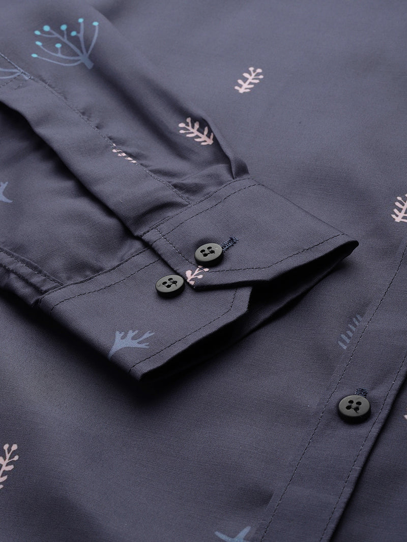 Men Navy Blue Smart Slim Fit Conversational Printed Formal Shirt